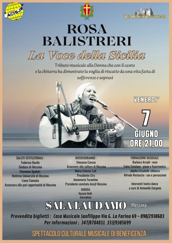 Messina, venerdì 7 giugno, “Tributo omaggio a Rosa Balistreri – La voce della Sicilia” spettacolo culturale-musicale di beneficenza